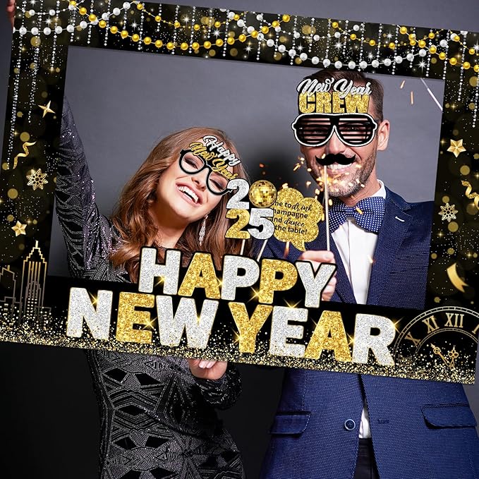 2025 New Years Photo Booth Props,New Years Eve Party Supplies 2025 Black Gold New Year Photo Booth Props with Photo Frame for New Years Eve Party Decorations