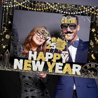 2025 New Years Photo Booth Props,New Years Eve Party Supplies 2025 Black Gold New Year Photo Booth Props with Photo Frame for New Years Eve Party Decorations