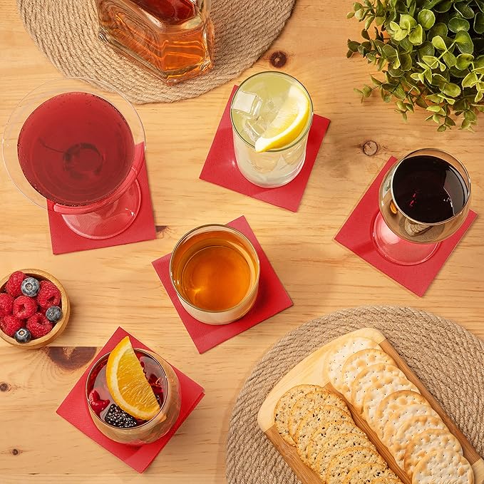 AMERICAN HOMESTEAD Red Cocktail Napkins - Premium 4.75"x4.75" Disposable Linen-Like Beverage Napkins - Bulk Square Party Bar Serviettes for Weddings, Parties, Events, and Everyday Use - 100 Count