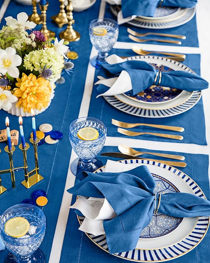 Solino Home Linen Placemats Set of 4 - Classic Hemstitch Indigo Blue Placemats 14 x 19 Inch - 100% Pure Linen Table Mats for Fall, Autumn, Christmas, Holiday, Winter, New Year