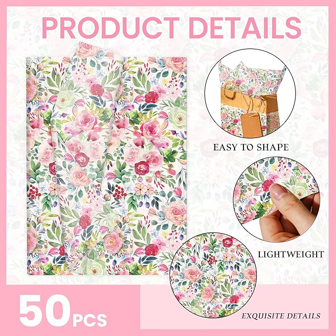 50 Sheets Floral Tissue Paper Wildflower Party Gift Wrapping Paper Flowers Packaging Patterned Tissue Papers for Flower Bridal Shower Wedding Birthday Party Decor