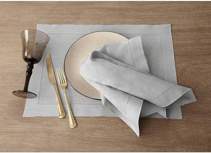 Solino Home Linen Cloth Placemats Set of 6-100% Pure Linen Hemstitch Soft Grey Placemats 14 x 19 Inch - Classic Hemstitch Table Place Mats for Fall, Autumn, Christmas, Winter, New Year
