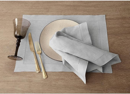 Solino Home Linen Cloth Placemats Set of 6-100% Pure Linen Hemstitch Soft Grey Placemats 14 x 19 Inch - Classic Hemstitch Table Place Mats for Fall, Autumn, Christmas, Winter, New Year