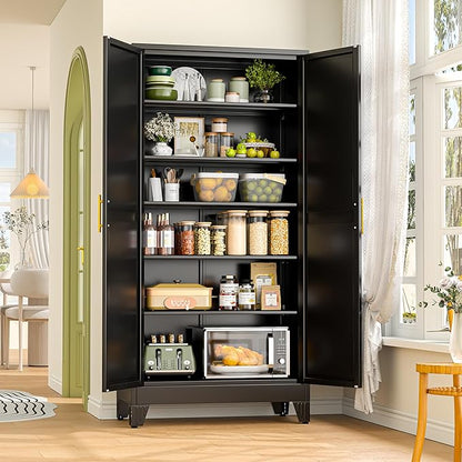 75.2" Tall Metal Storage Cabinet with 2 Doors and 5 Adjustable Shelves, New upgrade Kitchen Pantry Cabinet, Black Freestanding Cupboard, 6 Tier Steel Storage for Office, Kitchen, Dining, Garage