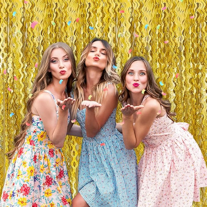 4 Pack Gold Fringe Curtain Backdrop 3.2Ft x 8.2Ft Metallic Tinsel Foil Fringe Streamers Background for Photo Booth, Easter, Mother's Day, Bachelorette, Wedding, Birthday Party Decoration
