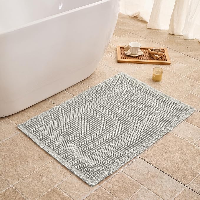 Waffle Bath Mat Non Slip, Boho Bathroom Rug, Super Absorbent Quick Dry Bathroom Mat, Soft Farmhouse Bath Rug with Tassels, Small Washable Shower Mats for Floor 20"x32", Square Light Grey