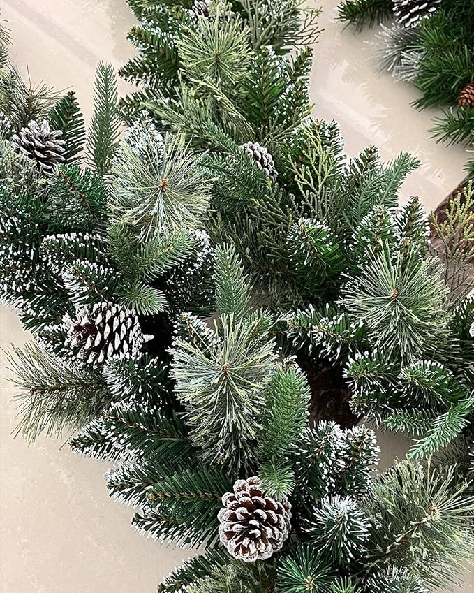 Christmas Garland Pre-lit 9 Ft with 50 Led Lights, Battery Operated Fireplace Stairs Mantle Door Indoor Outdoor, Decorated Pine Cone and Snow Style