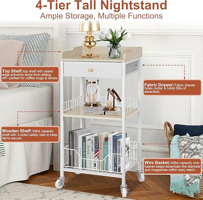 4-Tier Small Side Table with Storage Drawer, Tall Nightstand with Wheels & Basket, Rolling Bathroom Table for Small Spaces, Bedroom, Living Room, Dorm, White and Natural