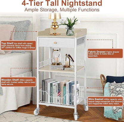 4-Tier Small Side Table with Storage Drawer, Tall Nightstand with Wheels & Basket, Rolling Bathroom Table for Small Spaces, Bedroom, Living Room, Dorm, White and Natural