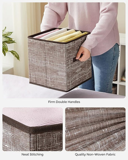 SONGMICS Storage Cubes, 11-Inch Non-Woven Fabric Bins with Double Handles, Set of 6, Closet Organizers for Shelves, Foldable, for Clothes, Walnut Color UROB026K02
