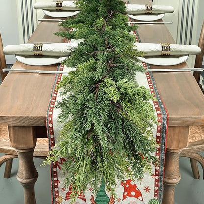 9 FT Christmas Cedar Garland, Thick Green Cypress Garlands, Real Touch Pine Garlands, Realistic Garland Christmas Decorations for Outdoor Indoor Table Mantel Railing Stair Porch Decor
