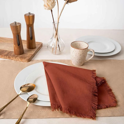 Blue Needles Handmade Cotton Linen Cloth Napkins with Fringes - Set of 6 Rust Dinner Table Napkins 18x18 Inch Hemmed Edges Washable, Soft, Reusable, Perfect for Fall Thanksgiving & Family Dinner
