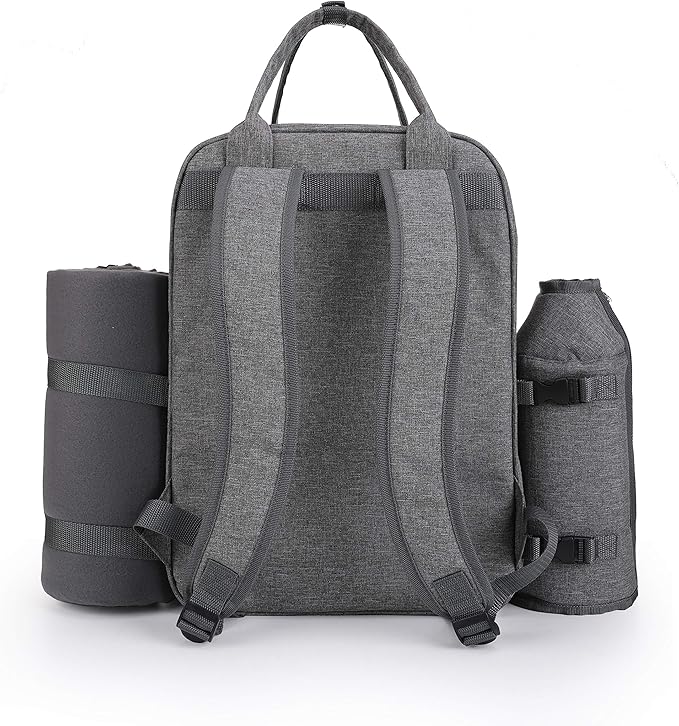 ALLCAMP OUTDOOR GEAR Picnic Backpack for 4 Person W/ Detachable Wine Holder, Insulated Food Compartment and Picnic Cutlery for Family Outdoor Camping and Gift (Grey)