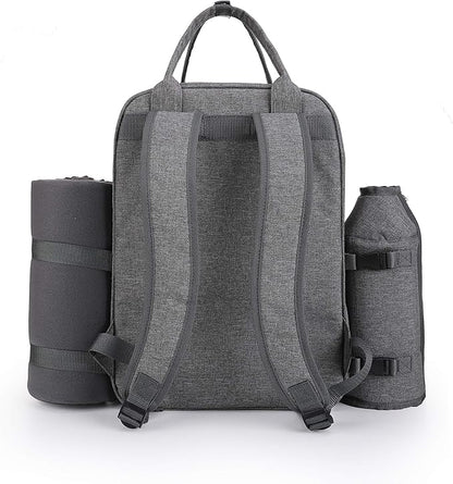 ALLCAMP OUTDOOR GEAR Picnic Backpack for 4 Person W/ Detachable Wine Holder, Insulated Food Compartment and Picnic Cutlery for Family Outdoor Camping and Gift (Grey)