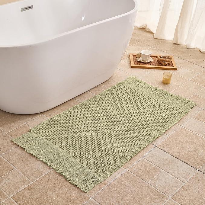 Waffle Bath Mat Non Slip, Boho Bathroom Rug, Super Absorbent Quick Dry Bathroom Mat, Soft Farmhouse Bath Rug with Tassels, Small Washable Shower Mats for Floor 24"x36", Tassels Sage Green