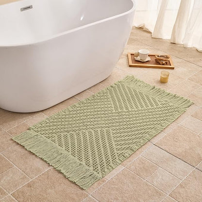 Waffle Bath Mat Non Slip, Boho Bathroom Rug, Super Absorbent Quick Dry Bathroom Mat, Soft Farmhouse Bath Rug with Tassels, Small Washable Shower Mats for Floor 24"x36", Tassels Sage Green