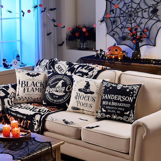 Halloween Decorations Pillow Covers 18x18 Inch,Set of 4 Vintage Halloween Decor Indoor Outdoor Throw Pillow Covers, Hocus Pocus Farmhouse Saying Linen Cushion Case for Home Sofa Couch Bedroom Chair