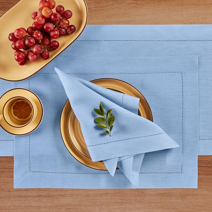 Solino Home Linen Cloth Placemats Set of 4-100% Pure Linen Hemstitch Cornflower Blue Placemats 14 x 19 Inch - Classic Hemstitch Table Place Mats for Christmas, Holiday, New Year