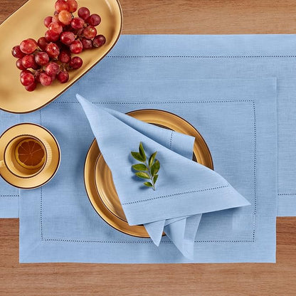 Solino Home Linen Cloth Placemats Set of 4-100% Pure Linen Hemstitch Cornflower Blue Placemats 14 x 19 Inch - Classic Hemstitch Table Place Mats for Christmas, Holiday, New Year