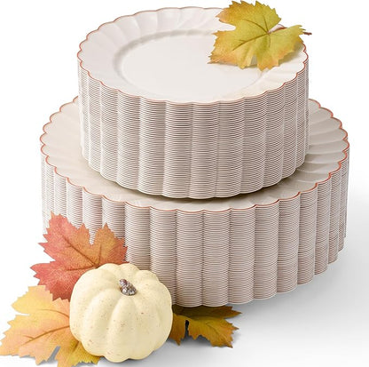 By Madee HEAVYWEIGHT 100 Pc Fancy Plastic Plates for Thanksgiving Dinner – Ivory Scalloped Plates with Rose Gold Trim 50 Dinner & 50 Dessert Disposable for Fall Party & Friendsgiving (50 Guests)