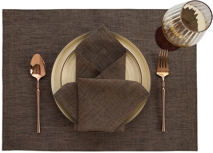 Solino Home Linen Cloth Napkins Set of 4-100% Pure Linen Chambray Brown Dinner Napkins 20 x 20 Inch for Fall, Autumn, Thanksgiving, Winter - Athena, Handcrafted and Machine Washable
