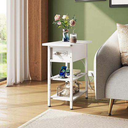 WLIVE End Table with Charging Station, Flip Top Side Table with Storage Shelf, Sofa Couch Table with USB Ports and Outlets, Narrow Bedside Table for Living Room, Bedroom ,11.81"D x 23.62"W x 24.33"H
