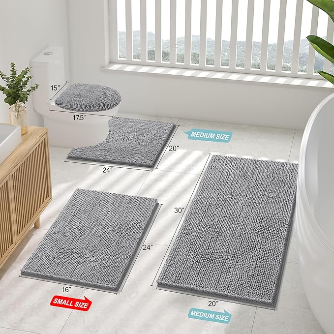 Smiry Luxury Chenille Toilet Rugs U-Shaped 24x24, Soft Absorbent Non-Slip Contour Bathroom Rugs for Toilet, Machine Washable Contoured Bath Mats, Grey