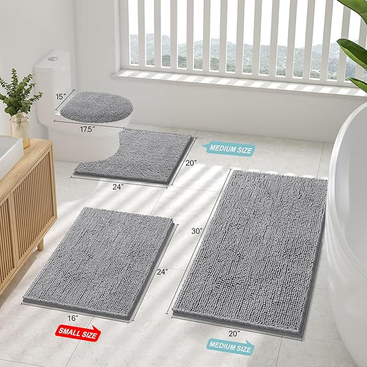 Smiry Luxury Chenille Toilet Rugs U-Shaped 24x24, Soft Absorbent Non-Slip Contour Bathroom Rugs for Toilet, Machine Washable Contoured Bath Mats, Grey