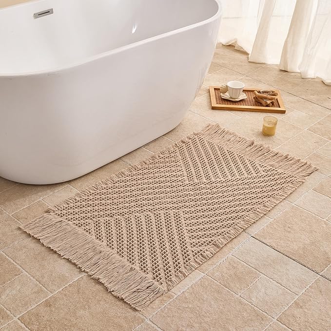 Waffle Bath Mat Non Slip, Boho Bathroom Rug, Super Absorbent Quick Dry Bathroom Mat, Soft Farmhouse Bath Rug with Tassels, Small Washable Shower Mats for Floor 20"x32", Tassels Brown