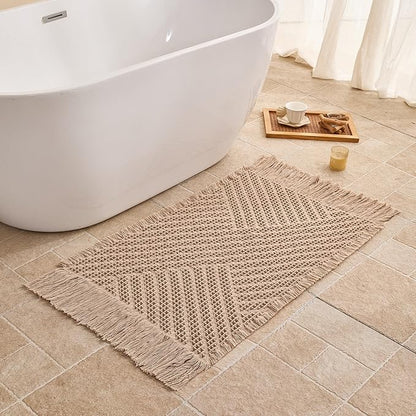 Waffle Bath Mat Non Slip, Boho Bathroom Rug, Super Absorbent Quick Dry Bathroom Mat, Soft Farmhouse Bath Rug with Tassels, Small Washable Shower Mats for Floor 24"x36", Tassels Brown