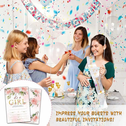 ISOVF 25 Blush Pink Floral Baby Shower Invitation Cards With Envelopes (4" x 6") - Baby Gender Reveal Party Invites For Adults Kids - It's A Girl Baby Shower Party Decorations Supplies(YQK-B01)