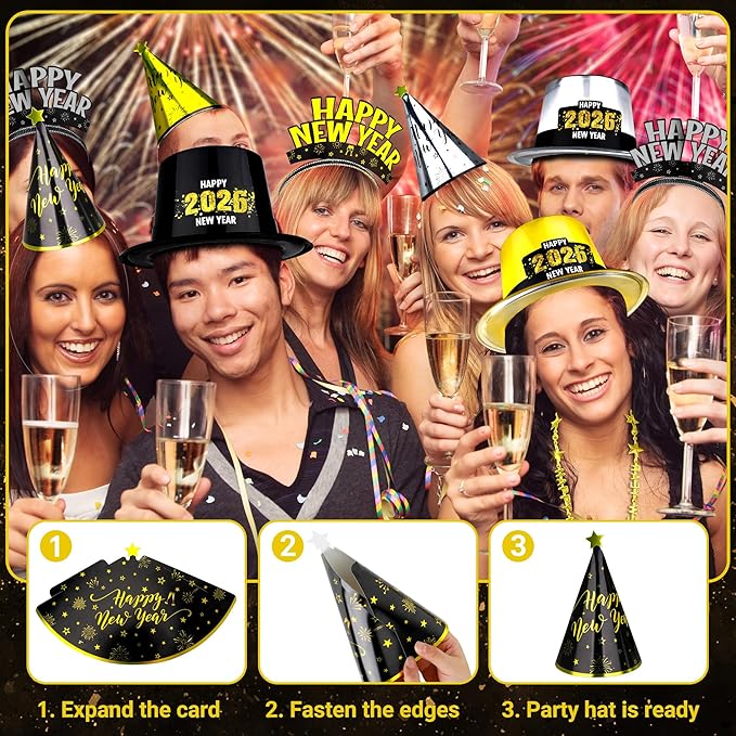 100PCS New Year's Party Supplies for 50 People - Headbands, Plastic Cardboard, 2026 Shiny Cone Hats, Horns, Fringed Blowouts - Gold, Silver, Black