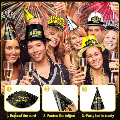 100PCS New Year's Party Supplies for 50 People - Headbands, Plastic Cardboard, 2026 Shiny Cone Hats, Horns, Fringed Blowouts - Gold, Silver, Black