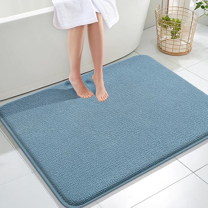 OLANLY Thick Memory Foam Bath Mat Rug 40x32, Extra Soft Absorbent Bathroom Rug, Quick Dry Bath Mats, Non-Slip, Machine Washable Carpet for Bathroom, Tub and Shower, Home Decor Accessories, Airy Blue