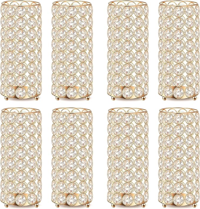 8 Pcs Gold Crystal Flower Vase and Pillar Candle Holder Set, 7.87" Metal Cylinder Stand for Wedding Table Centerpieces, Flower Arrangements, Christmas Party, Event Decor, and Gifts