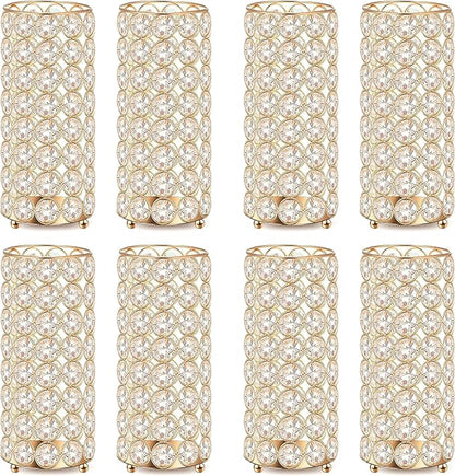 8 Pcs Gold Crystal Flower Vase and Pillar Candle Holder Set, 7.87" Metal Cylinder Stand for Wedding Table Centerpieces, Flower Arrangements, Christmas Party, Event Decor, and Gifts