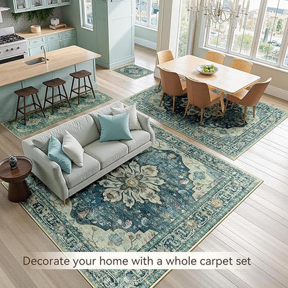 Area Rugs 6'x8' Washable Non-Slip, Floral Vintage Distress Print Pattern Medallion Carpet for Living Room Bedroom Dining Room, Dark Blue Vintage