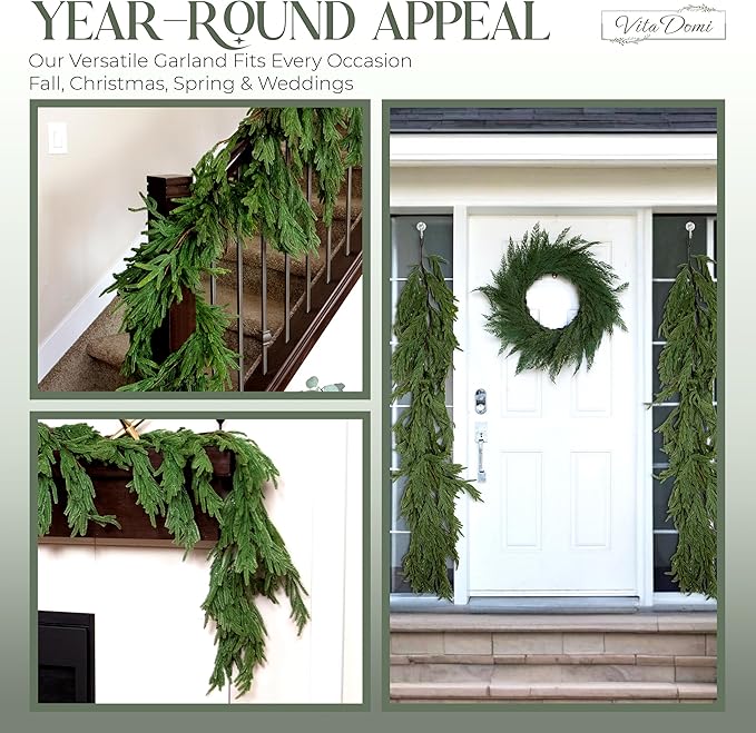 Hanging 6 ft Real Touch Norfolk Pine Garland Realistic 6ft, Christmas Garland for Mantle, Soft and Bendable Real Touch Garland Christmas Greenery, Evergreen Christmas Garlands for Fireplace, Stairs