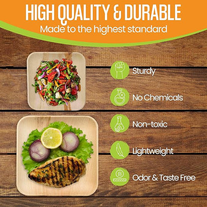 Raj Palm Leaf Plates Bulk [50-Pack] 10" & 7" Square Plates (2 CASES - 100 PACK) like Bamboo plates Disposable, Strong, Decorative Compostable Tableware for weddings, Lunch, Dinner