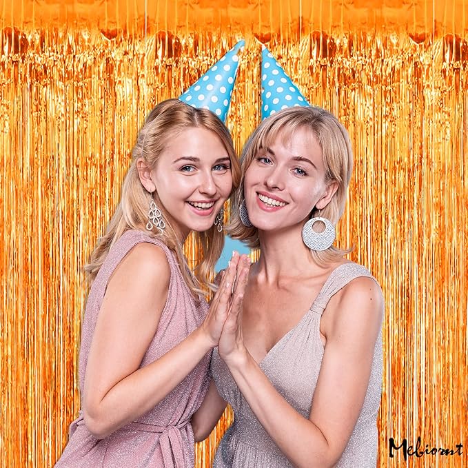 4 Pack Orange Fringe Curtain Backdrop, 3.2Ft x 8.2Ft Metallic Tinsel Foil Fringe Streamers Background for Photo Booth Birthday Wedding Baby Shower Carnival Easter Mother’s Day Party Decorations
