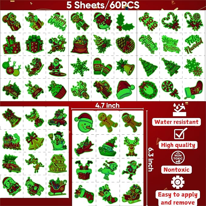 Glow In Dark Christmas Temporary Tattoos | Luminous Christmas Tattoos Xmas Decorations Party Favors Supplies Goodie Bags Stocking Stuffers Gift Idea For Kids Teen Adult Xmas Santa Claus Reindeer-60Pcs