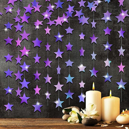 Patelai Glitter Star Garland Banner Christmas Decor 130 Feet Star Hanging Bunting Banner Twinkle Backdrop for Homecoming Classroom Wedding Birthday Halloween Party Supplies(Holographic Purple)