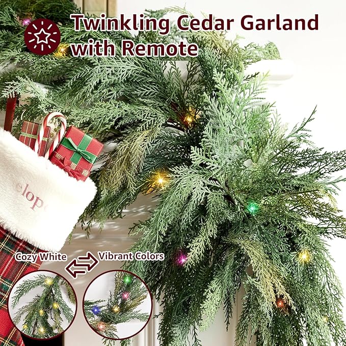 Christmas Cedar Garland Realistic with Lights - 2 Pack Cypress Decorations 9ft for Mantle Lighted Faux Pine Garlands for Xmas Home Decoration Indoor Stairs Railing Fireplace Outdoor Prelit Door Decor