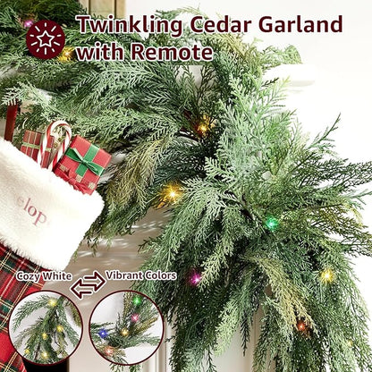 Christmas Cedar Garland Realistic with Lights - 2 Pack Cypress Decorations 9ft for Mantle Lighted Faux Pine Garlands for Xmas Home Decoration Indoor Stairs Railing Fireplace Outdoor Prelit Door Decor