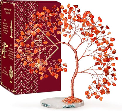 Carnelian Healing Crystal Tree of Life for Home and Office Decor, Positive Energy, Wealth, Good Luck, Reiki Healing Crystals and Stones, Handmade Feng Shui Decoration, Birthday Gifts for Women, Mom
