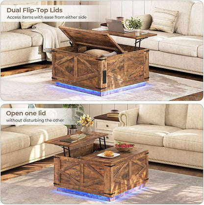 Farmhouse Lift Top Coffee Table, Square Wood Center Table with LED Lighting, USB-C Charging Station, and Hidden Storage Compartment - Rustic Brown Living Room Furniture