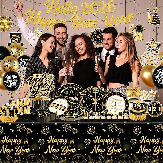 New Years Decorations 2026,new Years Eve Party Supplies Gold and Black Nye Party Decorations include Gold Number 2026 Banner,Tablecloth,Cup,Balloon,Cake Topper,Plates and Napkins for Happy New Years