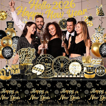New Years Decorations 2026,new Years Eve Party Supplies Gold and Black Nye Party Decorations include Gold Number 2026 Banner,Tablecloth,Cup,Balloon,Cake Topper,Plates and Napkins for Happy New Years
