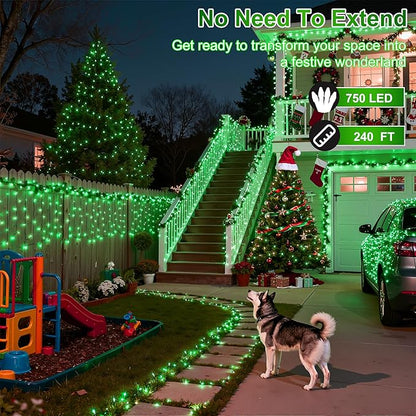 240FT 750LED Christmas Lights,12 Modes Green Outdoor String Lights with Timer & Dimmable, Waterproof Green Wire Christmas String Lights for Indoor Tree Xmas Patio Fence Balcony Garden Party Decor