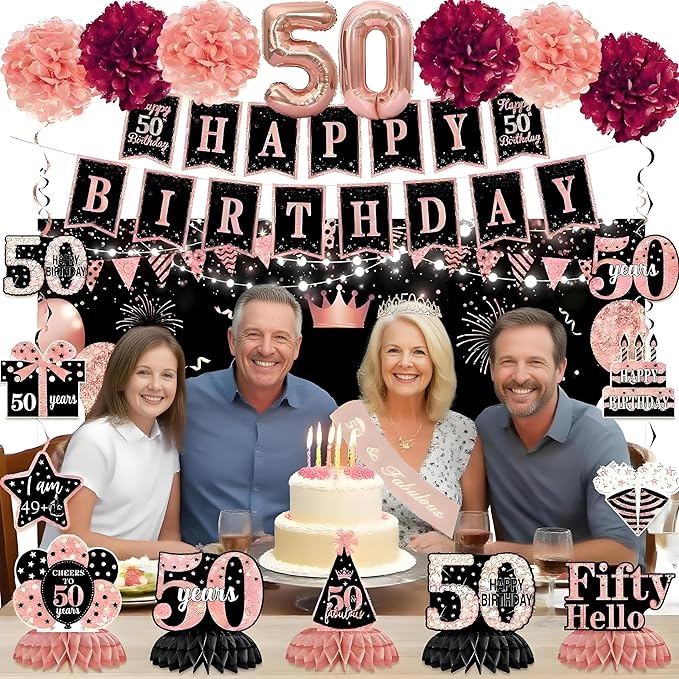 50th Birthday Decorations for Women - Rose Gold Crown Kit with Happy Birthday Banner, Foil Balloons, Backdrop, Sash & More - High - Quality, Diverse Party Items for Effortless Setup